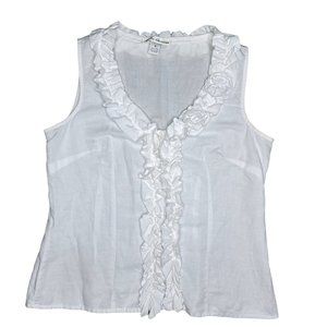 Marisa Christina Linen Womens Sleeveless Top Sz M White Ruffle Front Blouse